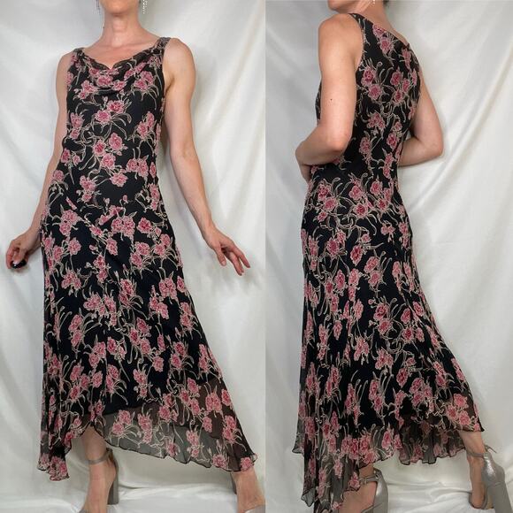 ICE silk beaded floral maxi dress long cowl neck vintage Y2K‎ pink black fairy M - Picture 17 of 17